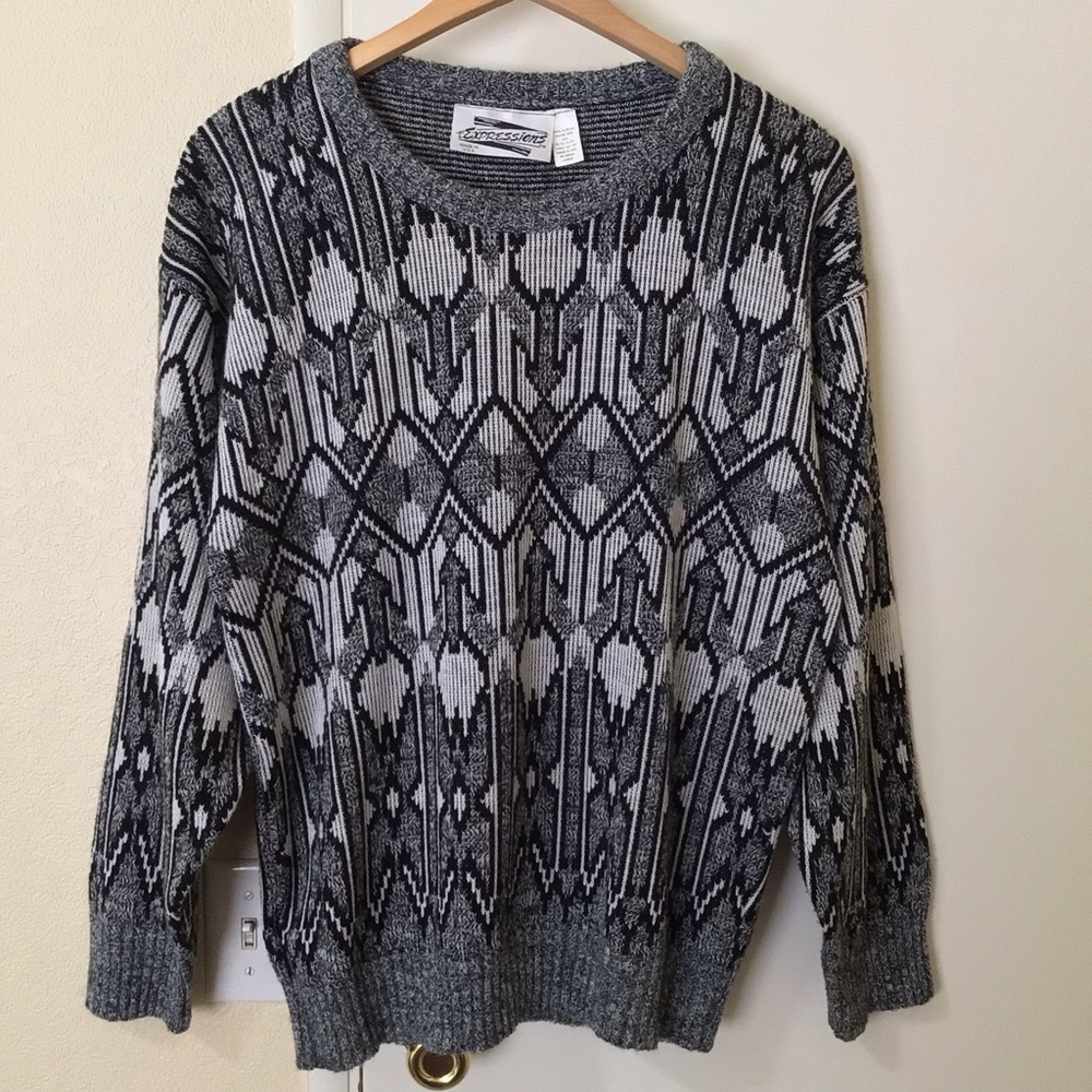 Vtg Expressions Geometric Knit Sweater Mens L Made in USA Black Gray Streetwear